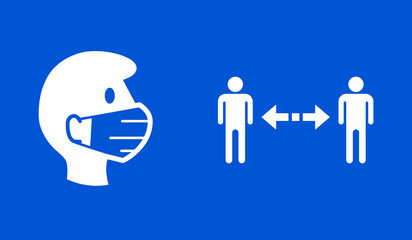 Poster - Wear a Face Mask and Keep Your Distance Warning or Instruction Sign Set against the Spread of Coronavirus Covid-19. Vector Image.