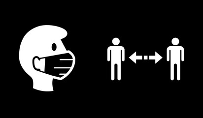 Poster - Wear a Face Mask and Keep Your Distance Warning or Instruction Sign Set against the Spread of Coronavirus Covid-19. Vector Image.