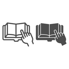 Poster - Open book with hand pointing line and solid icon, education concept, finger point at book sign on white background, finger point at book icon in outline style. Vector graphics.