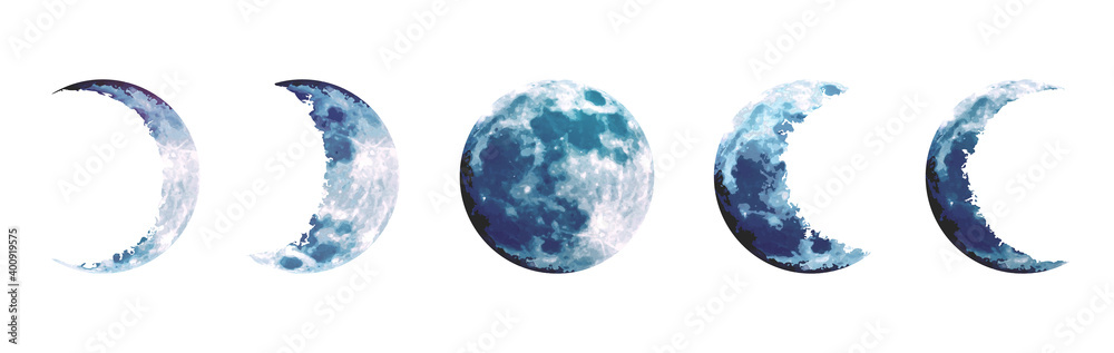 Magic blue moon phases vector design set - obrazy, fototapety, plakaty 