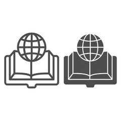 Poster - Book and globe line and solid icon, education concept, globe earth planet and books sign on white background, globe on the open book icon in outline style. Vector graphics.