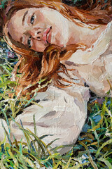  .A red-haired beauty, a young girl lies and dreams on the field among various summer grasses and wildflowers. Oil painting on canvas.
