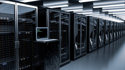 Server room data center. Backup, mining, hosting, mainframe, farm and computer rack with storage information. 3d render