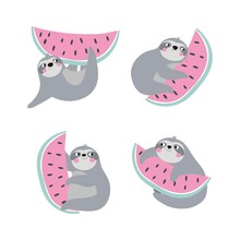 Cute Cartoon Character Sloth. Vector Print With Cute Sloth Bear And Tropical Watermelon