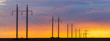 Rural Landscape With High-voltage Line On Sunset