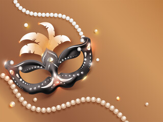 Poster - Carnival Party Mask With Light Effect And Pearl Garland On Bronze Background.