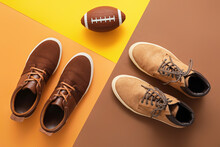 Different Casual Male Shoes On Color Background