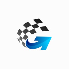 racing flag vector with arrow concept, letter g logo design