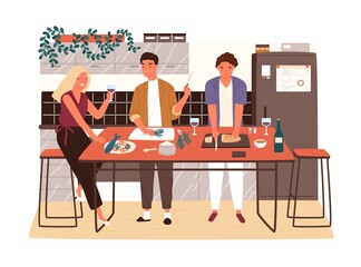 Wall Mural - Group of friends or family members cooking dinner and drink wine together vector flat illustration. Happy male and female characters communicate in kitchen while preparing food isolated on white