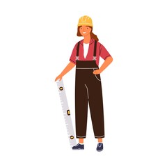 Poster - Friendly woman architect holding constructing ruler vector flat illustration. Happy female industrial worker in overalls and hard hat isolated on white. Engineer constructor with equipment