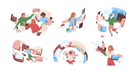 Poster - People interacting to workflow operations at cyber space vector flat illustration. Man and woman in workforce process optimization. Concept of management, productivity, multitasking and flow control