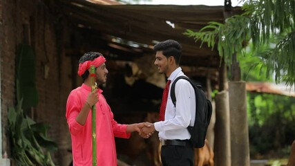 Wall Mural - Indian farmer and banker or agronomist shake hand at home