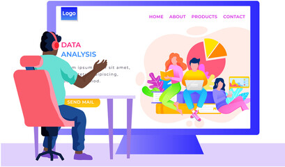 Fototapete - A man in headphones sits at a table and looks at a huge screen that depicts people conducting analysis of various data. Man and women are working online and prepare a report vector illustration