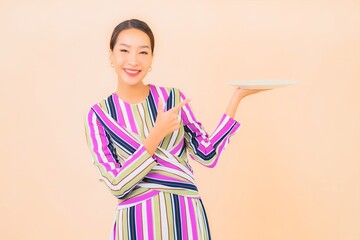 Poster - Portrait beautiful young asian woman with plate of food