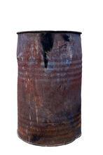 Isolated Old Burnt Rusty Metal Barrel On White Background