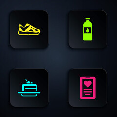 Sticker - Set Medical clipboard, Sport sneakers, Cake and Bottle of water. Black square button. Vector.