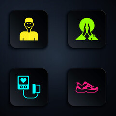 Sticker - Set Sport sneakers, Positive thinking, Blood pressure and Meditation. Black square button. Vector.