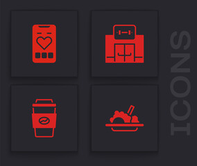 Canvas Print - Set Healthy food, Mobile with heart rate, Gym building and Coffee cup to go icon. Vector.