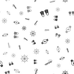 Wall Mural - Set Rubber flippers, Knife, Compass and Ship steering wheel on seamless pattern. Vector.