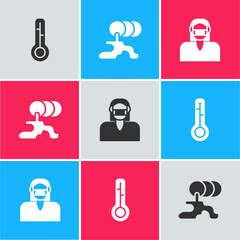 Poster - Set Meteorology thermometer, Barrel oil leak and Face in protective mask icon. Vector.