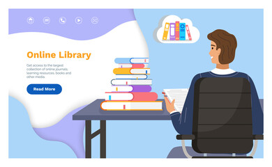 Poster - Online library landing page template with a man student sitting at a table with stack of books back view. Distance learning, online education, Bisiness training seminar, e-learning, learning resources