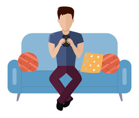 Wall Mural - Young man is sitting on the couch. Handsome guy is chatting with a smartphone in his hands. Male character is resting and spending time at home. Person working with a phone vector illustration