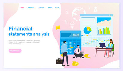 Aufkleber - landing page of financial site. financial statements analysis, man sitting with laptopp, big cartoon