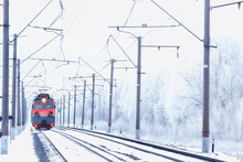 Winter Railway Landscape, View Of The Rails And Wires Of The Railway, Winter Delivery Way