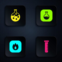 Poster - Set Test tube and flask, , Fire flame and . Black square button. Vector.