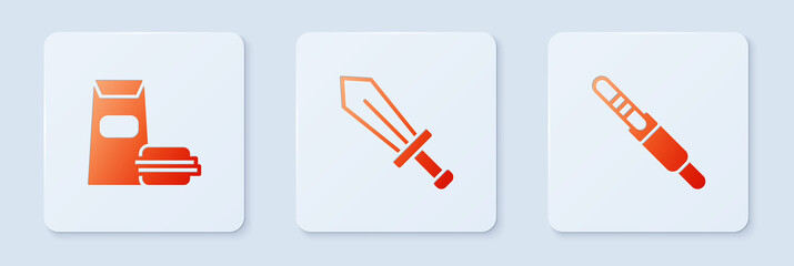 Poster - Set Sword for game, Burger and Audio jack. White square button. Vector.