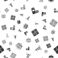 Poster - Set Burger, Rocket ship, Piece of puzzle and Sweater on seamless pattern. Vector.
