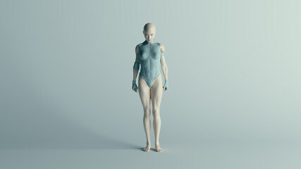 Futuristic Angry Female Character in Turquoise Leotard Swimsuit and Background 3d illustration render