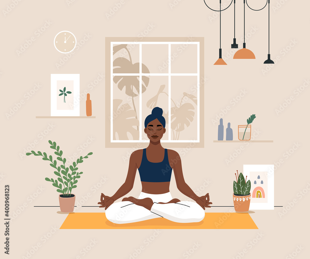 Young woman doing yoga exercises, practicing meditation on lotus pose on the mat. Black female character practicing in yoga studio or home. Trendy flat vector illustration. - obrazy, fototapety, plakaty 