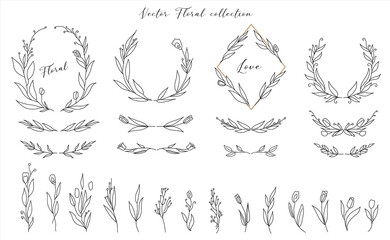 Wall Mural - Set of cute Hand drawn floral decorative design elements. frames wreath dividers flowers, branches. vector illustration