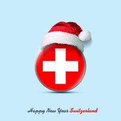 Wall Mural - Happy New Year, Switzerland. Switzerland flag in round badge and Santa hat. Isolated on a light blue background. 3D illustration. Design element.