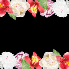 Fotomurales - Beautiful floral frame of peonies and Alstroemeria. Isolated