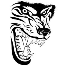 Grinding Black Wolf In Flat Style. Design For A Logo, Tattoo, Mascot Of Strength And Will, Printing On T-shirts And Clothes, Textiles, Stencil, Advertising Move, Banner, Poster. Isolated Vector