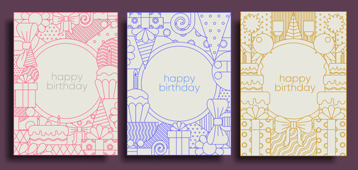 Birthday cards and posters. Set of vector postcards, geometric illustrations. Cupcake with a candle, a gift, a birthday cake.
