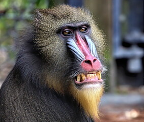 close up of a colorful male mandrill bearing his brown stained teeth.