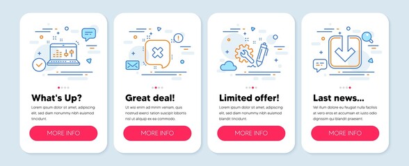 Poster - Set of Technology icons, such as Sound check, Reject, Engineering symbols. Mobile app mockup banners. Load document line icons. Dj controller, Delete message, Construction. Download arrowhead. Vector