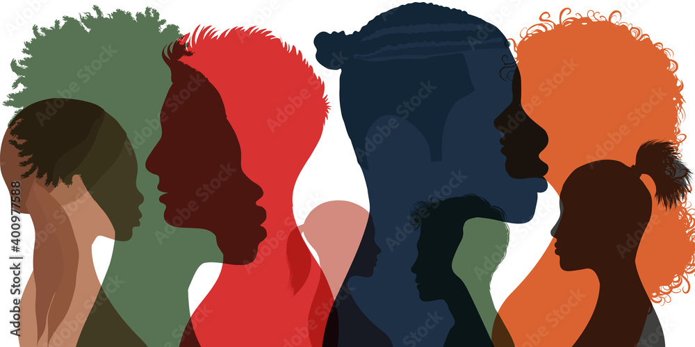 Silhouette profile group of men and women of diverse culture. Diversity multi-ethnic and multiracial people. Concept of racial equality and anti-racism. Multicultural society. Friendship - obrazy, fototapety, plakaty 