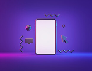 Poster - smartphone screen in neon blue and pink lights. minimal abstract shapes. technology background for advertising. 3d rendering