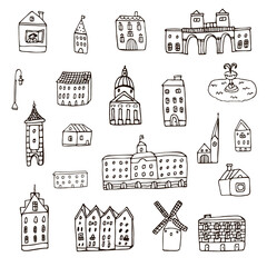 City architecture objects line hand drawn vector illustrations set