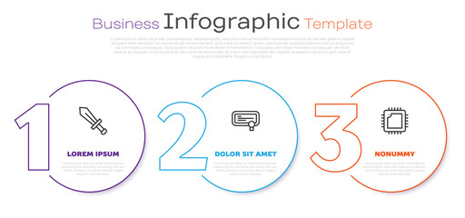 Aufkleber - Set line Sword for game, Certificate template and Processor with CPU. Business infographic template. Vector.