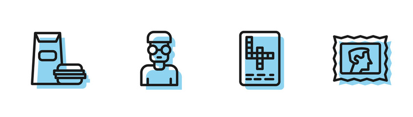 Poster - Set line Crossword, Burger, Nerd geek and Postal stamp icon. Vector.