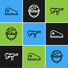 Wall Mural - Set line Military beret, Submachine gun M3 and helmet icon. Vector.