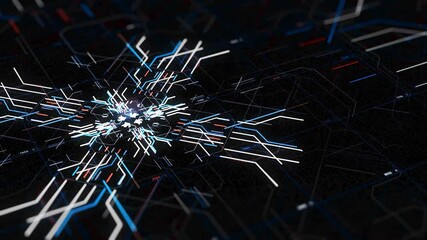Poster - Running lights, glowing particles on black background. Animation. Abstract pattern, technological concept with many blue, red, and white lines and nodes. 