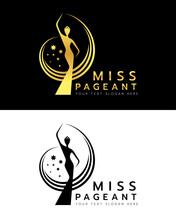 Miss Pageant Logo With Gold And Black Abstract Beauty Queen Wear Crown And Raise Hand Waving And Star Sign Vector Dersign