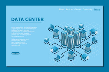 Poster - concept of data network management . vector isometric map with business networking servers computers