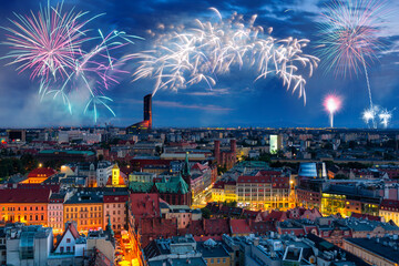 Wall Mural - New Years firework display over the Wrocław old town. Poland